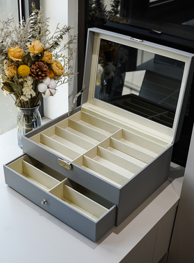 眼镜收纳盒双层16位太阳镜墨镜盒皮革展示盒眼睛盒灰色带盖多功能