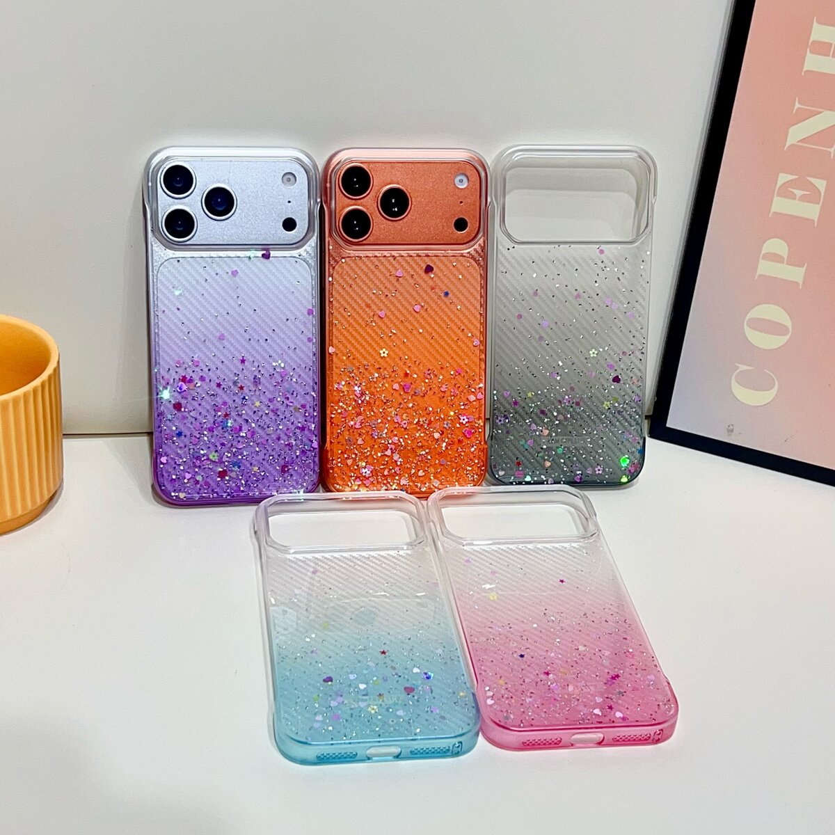 无边框滴胶爱心闪粉pc壳适用于苹果14时尚创意手机壳ins风新款17系列手机保护壳15pro手机保护套