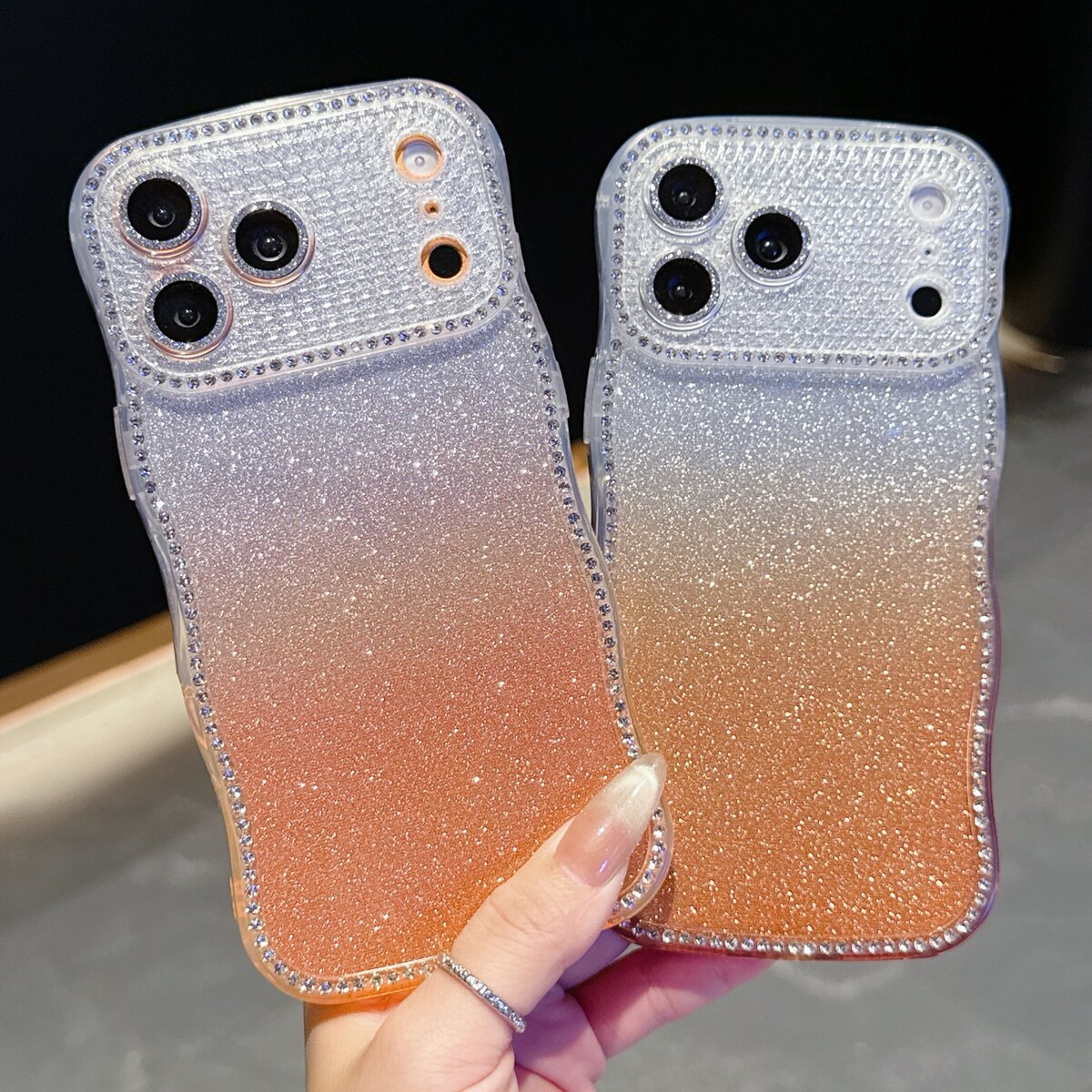 波浪边钻渐变闪粉手机壳适用苹果17Promax/iPhone16PRO/15带镜头膜防摔TPU