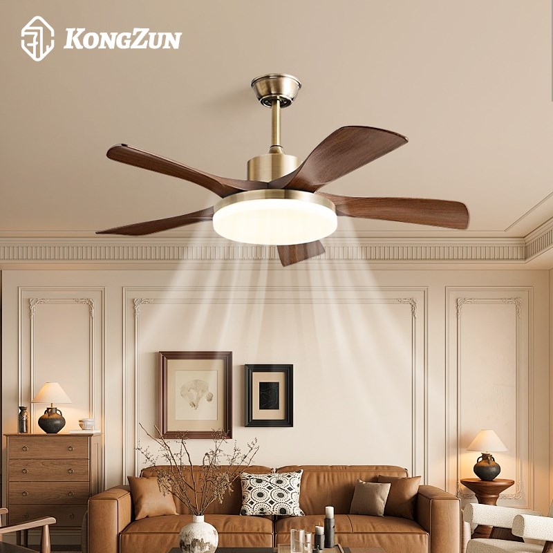 中古风扇灯2025新款大气复古吊扇灯客厅餐厅胡桃木色带灯风扇吊灯