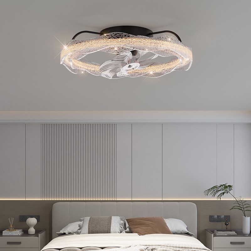 意式极简海浪流光卧室风扇灯铂金树脂2025年新款房间摇头吊扇灯
