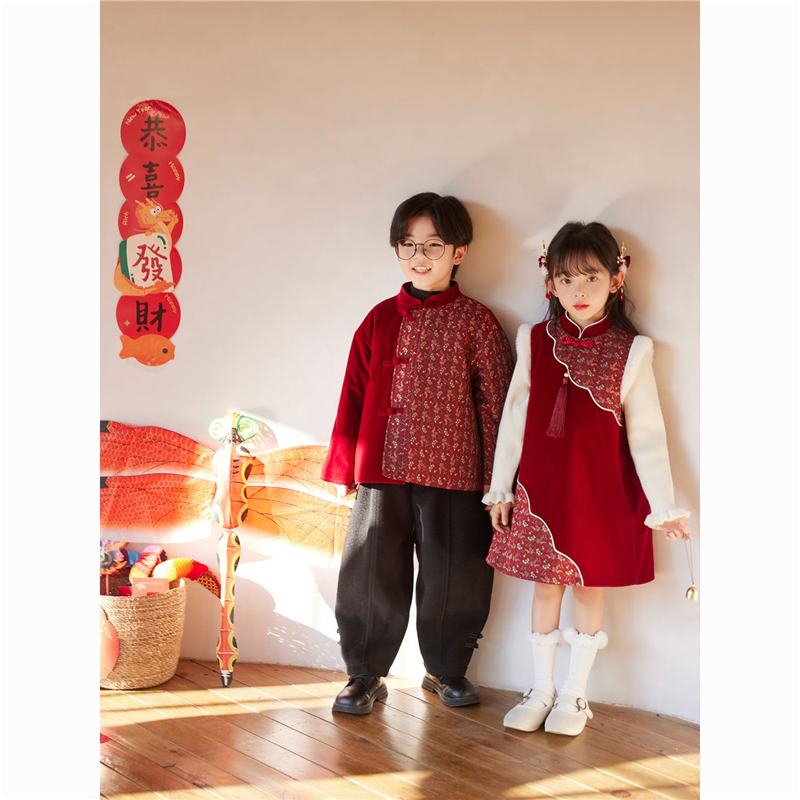 元旦儿童宝宝冬季汉服女童新款过年喜庆中国新年加厚唐装拜年套装