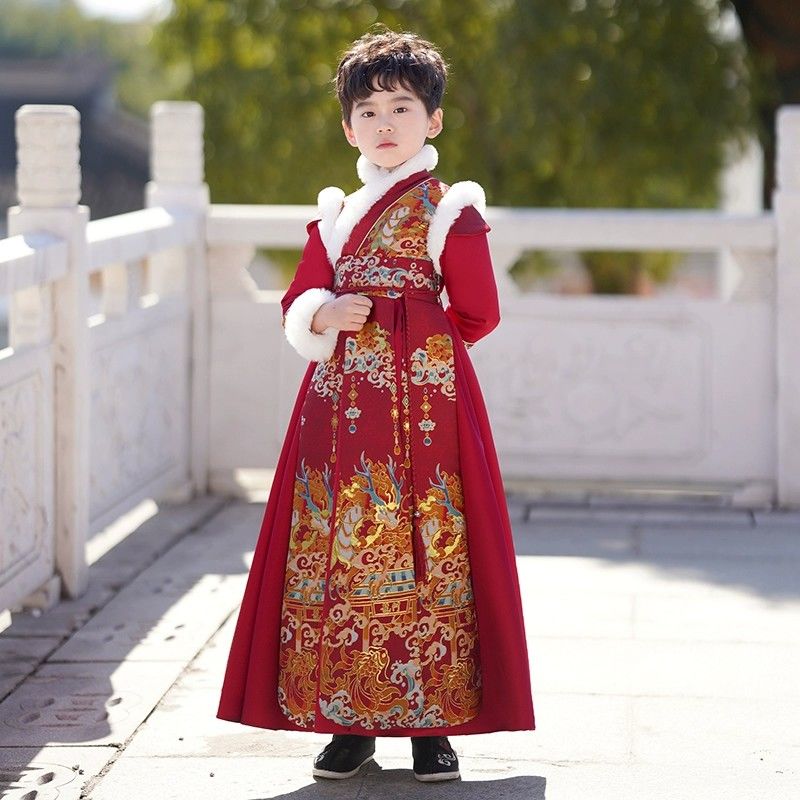 男童冬装汉服过年古装儿童加厚新年唐装男孩中国风冬季红色拜年服