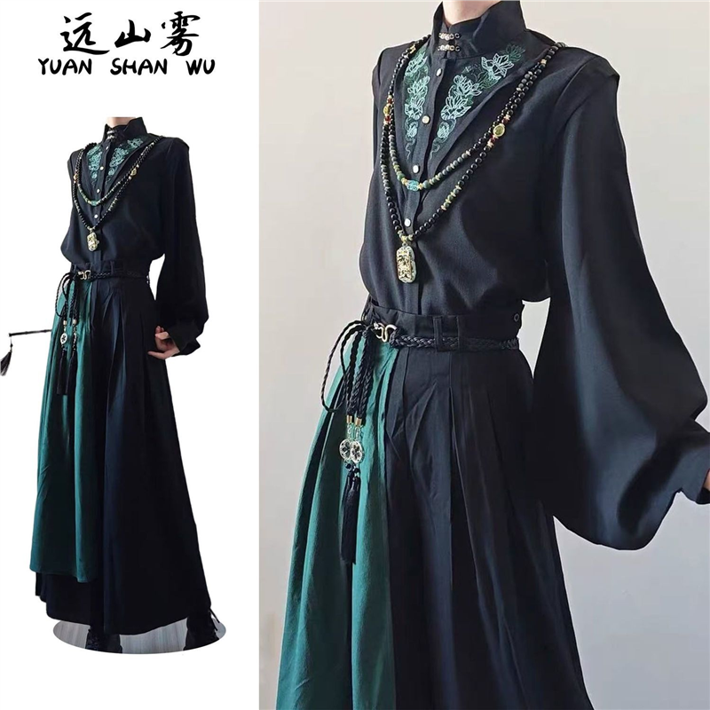 两件装/单件国风刺绣琵琶大袖盘扣黑衬衫男女汉元素中式立领上衣