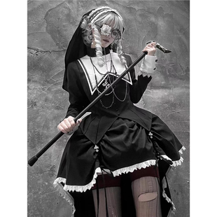 万圣节暗黑修女系列印花十字架上衣拖尾不规则Lolita蓬蓬裙两件套