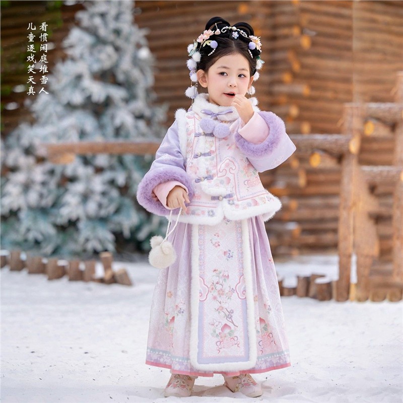 汉服女童冬季秋冬款加厚马面裙紫色女孩格格服儿童拜年服紫兔桃桃