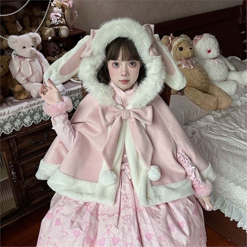 绒绒兔斗篷圣诞节洛丽塔甜美软妹可爱兔耳冬装新款蝴蝶结毛呢外套