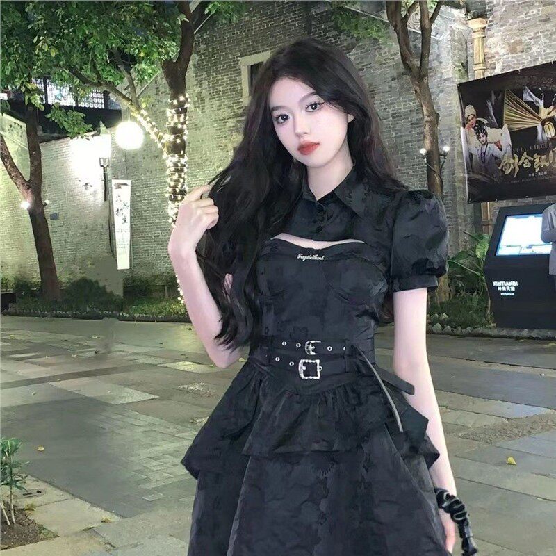 摇滚甜心 芭蕾风公主黑色吊带裙小个子连衣裙甜辣坎肩小黑裙套装