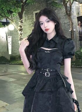 摇滚甜心 芭蕾风公主黑色吊带裙小个子连衣裙甜辣坎肩小黑裙套装