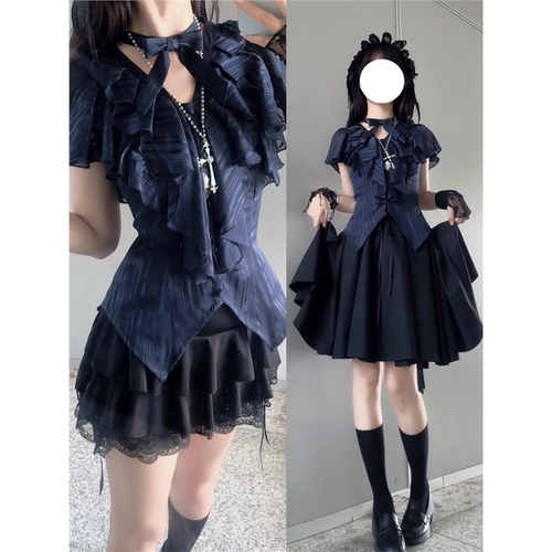 沉睡魔女 夏季哥特暗黑Lolita复古蓝血荷叶边收腰衬衫短裙两件套