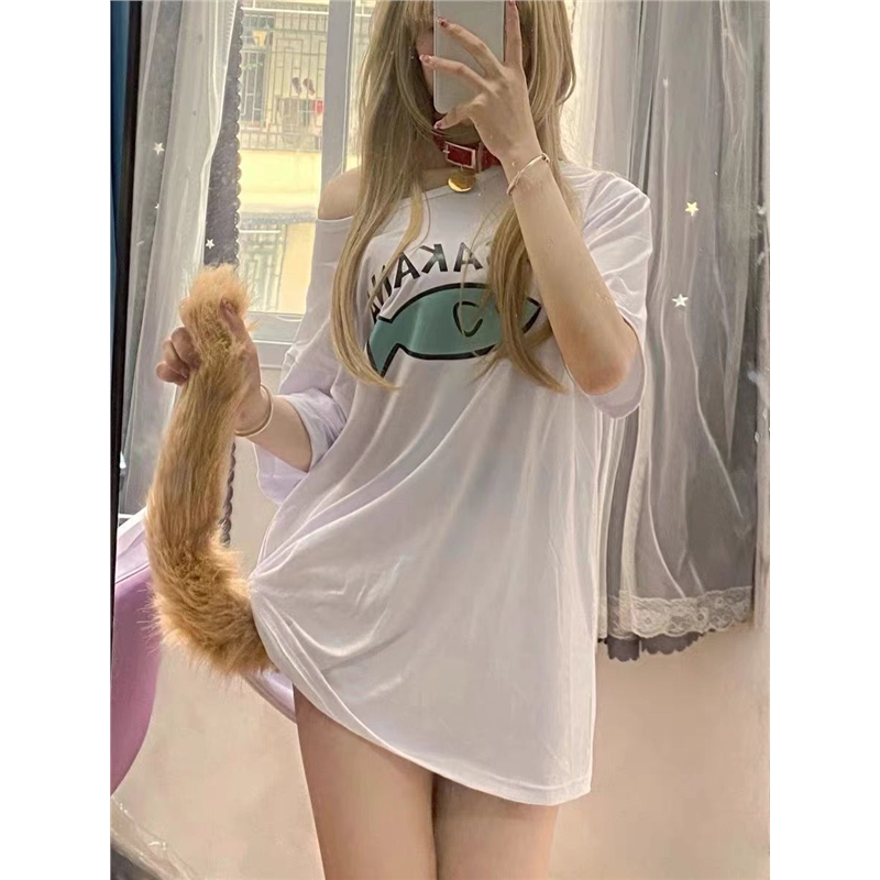 100%纯棉40原猫娘露肩款短袖T恤女上衣周边漫画黄豆粉同款cos衣服