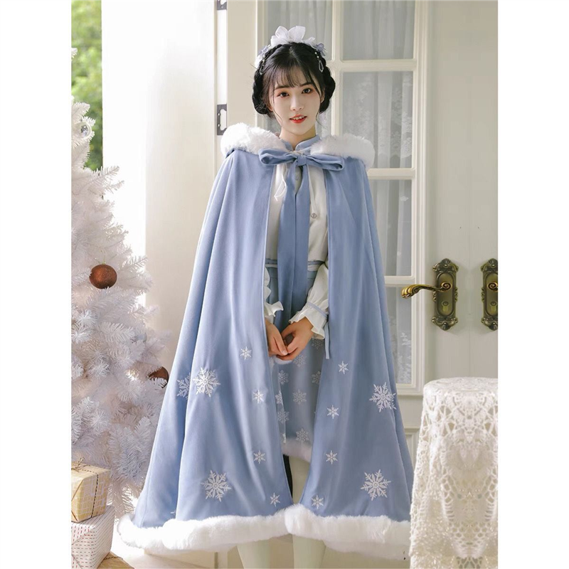300斤青春少女汉元素国风LO雪花刺绣加绒加厚汉服连帽长斗篷外套