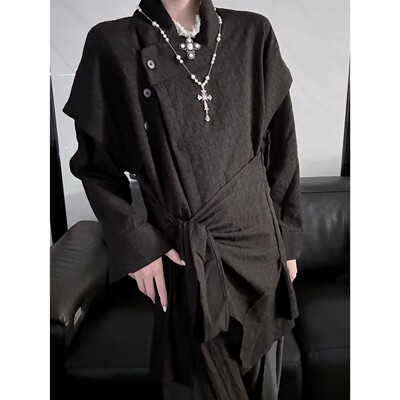 Aont高级感长袖系带衬衫肌理解构新中式斜门襟绑带上衣不规则衬衣