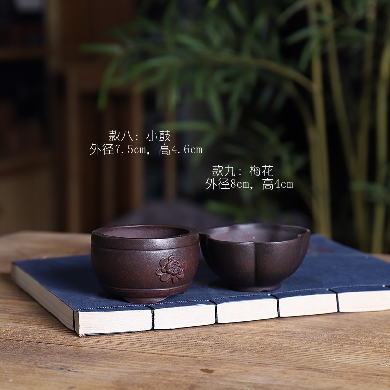 暖暖花器精选手工微型紫砂花盆复古贴花古红泥多肉绿植微盆景盆