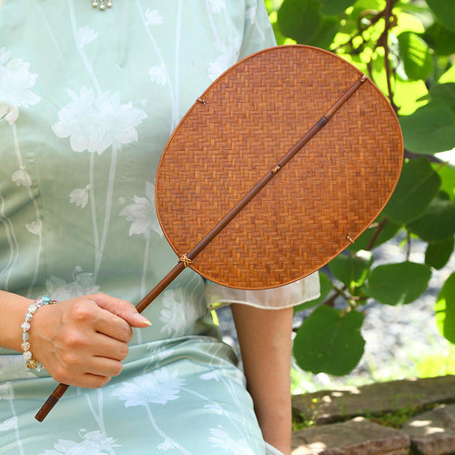 竹编团扇手工扇中式复古大漆腰扇长柄纳凉蒲扇汉服古风复刻青蓖扇