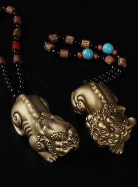 纯黄铜招财貔貅挂件雌雄一对手把件情侣车饰文房送礼转运公母摆件