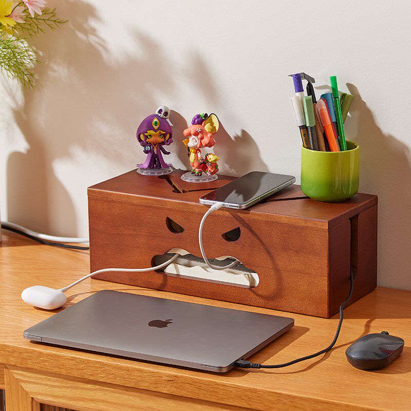 创意复古插线板收纳盒无线路由器置物架实木充电排插数据线隐藏箱