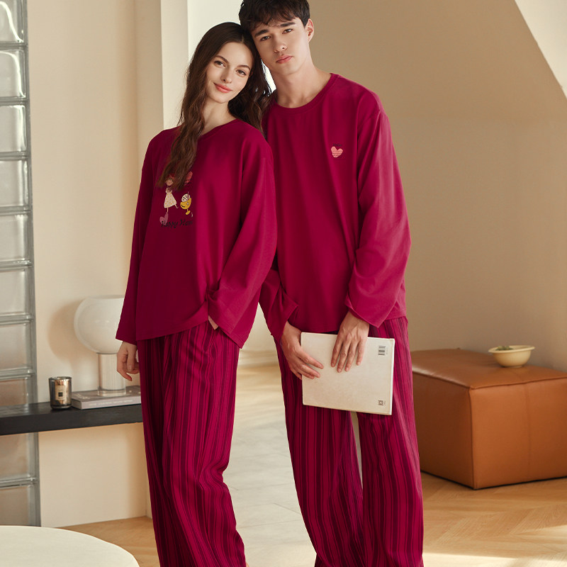 品册秋冬红色情侣睡衣女新款纯棉长袖结婚家居服竖条纹套装可外穿