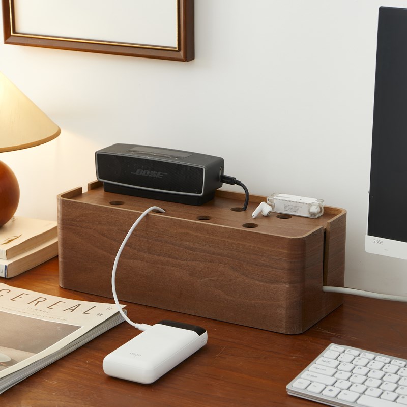 原创木质插线板收纳盒桌面电线整理线盒插排插座电源线理线集线盒