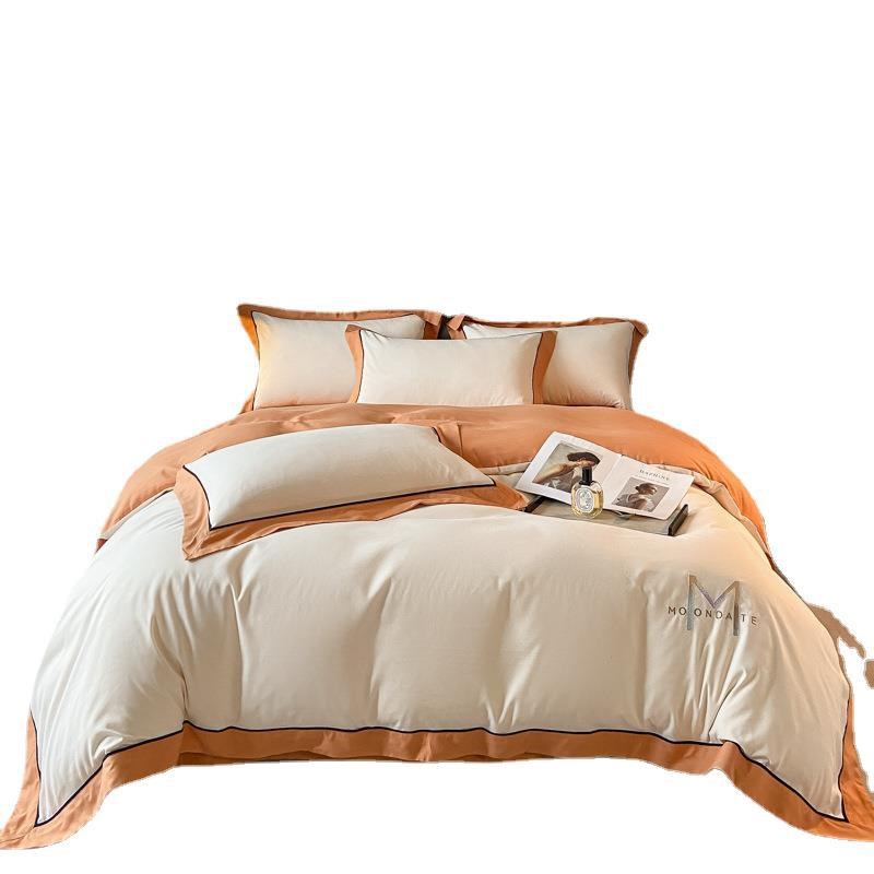 简约纯色磨毛亲肤棉床上四件套字母刺绣床单宽边被套枕套1.5/8m