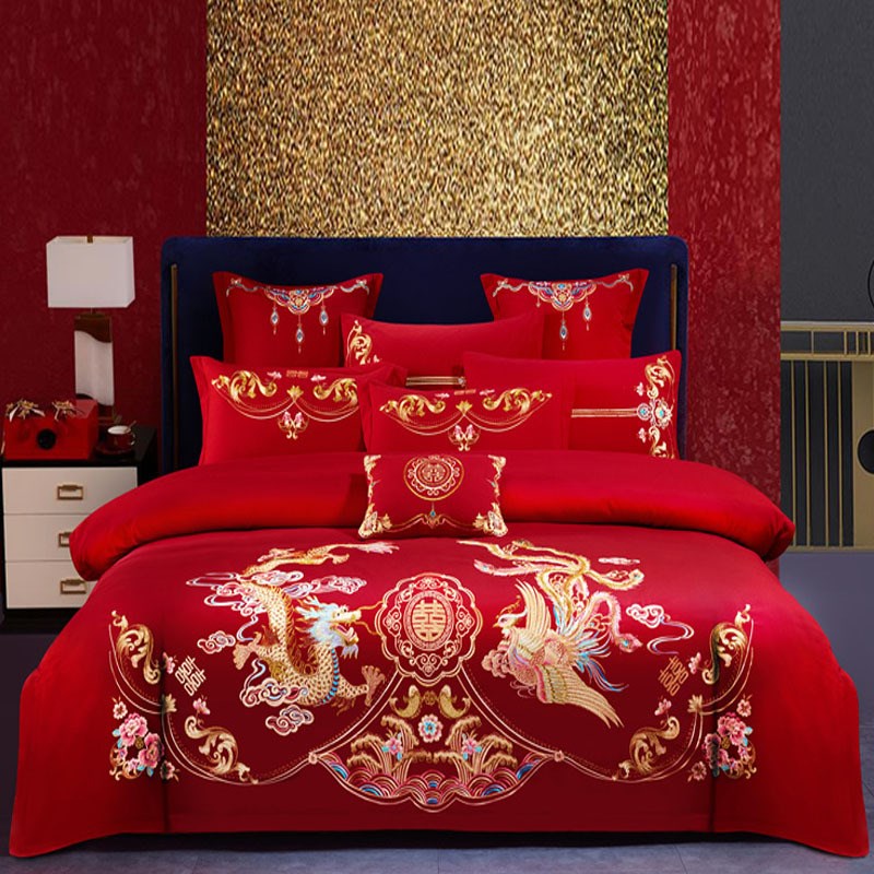 新婚庆四件套大红色龙凤刺绣陪嫁结婚喜被子婚礼婚房绣花床上用品