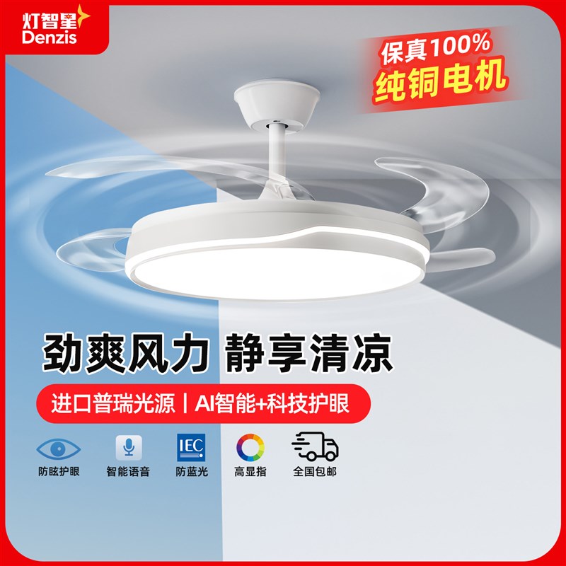 静音护眼风扇灯餐厅客厅吊灯全铜电机电扇一体现代简约吊扇卧室灯