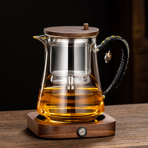 飘逸杯泡茶壶胡桃木全玻璃一键过滤茶水分离不锈钢内胆带盖冲茶器
