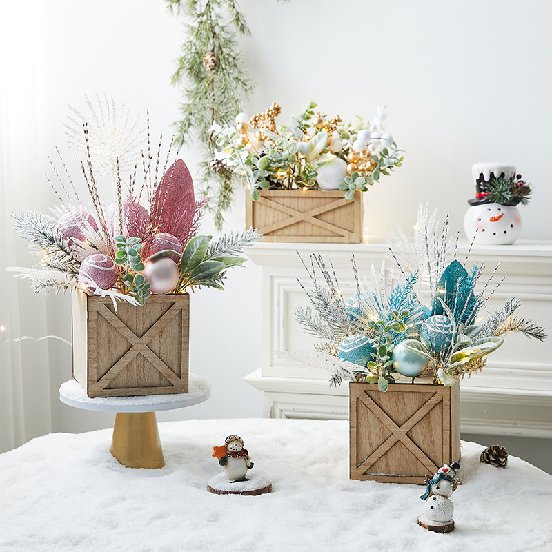 耶诞节装饰迷你小型耶诞树酒店橱窗柜台桌面布置摆件粉色木盒小树