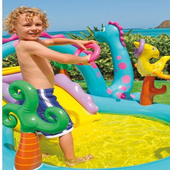 INTEX儿童戏水池滑滑梯鳄鱼充气泳池恐龙城堡小孩喷水捞鱼游戏屋