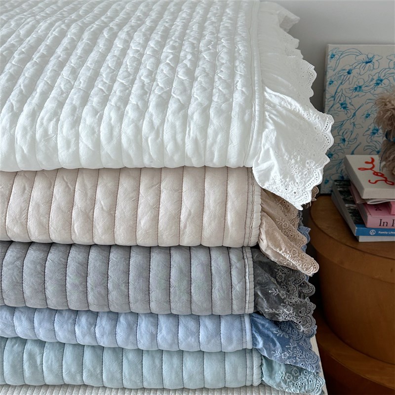 韩国进口莫代尔床单纯色蕾丝荷叶边绗缝床盖四季款夏凉被可机洗