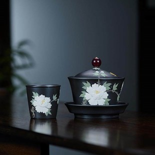 宜兴原矿紫砂石黄泥纯手工名家贴花牡丹茶具盖碗主人杯品茗杯150C