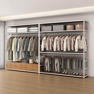 衣帽间金属衣柜组装开放式衣柜铁艺双层金属框架房间落地挂式长款