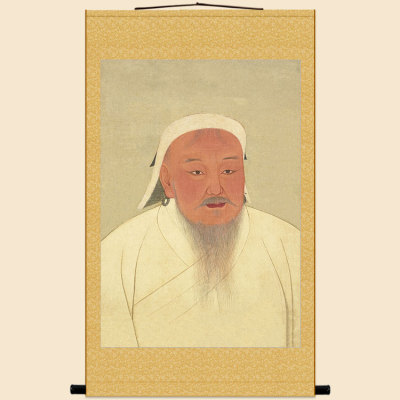 成吉思汗画像 铁木真蒙古人物丝绸画 复古书房装饰画卷轴挂画定制