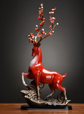 创意陶瓷工艺品鹿家居客厅玄关招财红色梅花鹿装饰送礼品