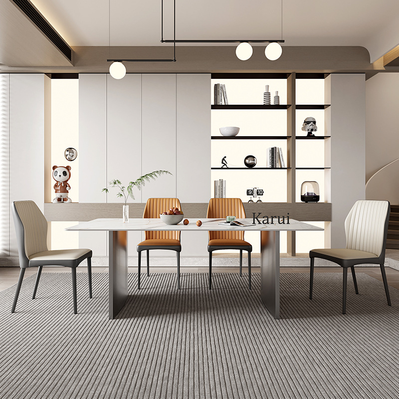 德利丰岩板餐桌意式轻奢家用不锈钢饭桌现代简约别墅岩板吃饭桌子