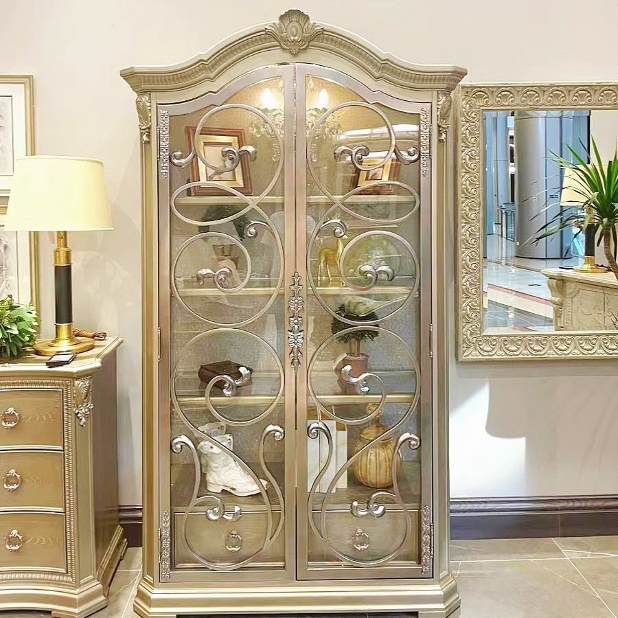 北美乡村ART筑源实木书柜法式复古做旧雕花储物柜门厅展示柜家具