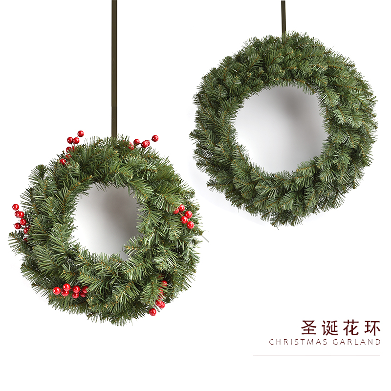 圣诞装饰用品绿色PVC花环挂饰红果花环门挂商场橱窗场景布置墙挂