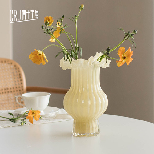 中古花瓶玻璃花器客厅插花法式高级感百褶裙复古琉璃摆件软装饰品