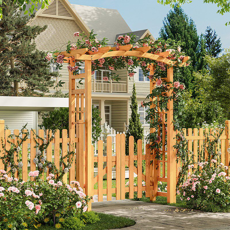 防腐木拱门带门爬藤o架户外花园栅栏网格木门庭院拱形花架葡萄架