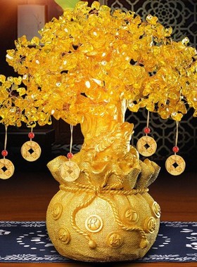 黄水晶摇钱树摆件小招财树家居创意酒柜家装饰品客厅W电视柜发财