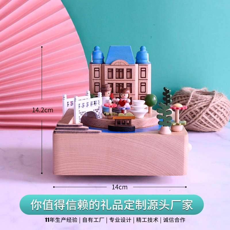 新款创意木头八音盒机械发条圣诞节礼物威尼斯水城木制音乐盒摆件