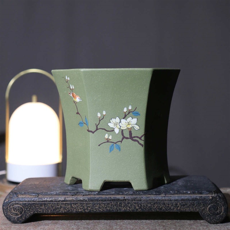 紫砂花盆六方形六角n形绿泥盆景盆泥绘苏玲兰盆名家盆玉兰花盆春