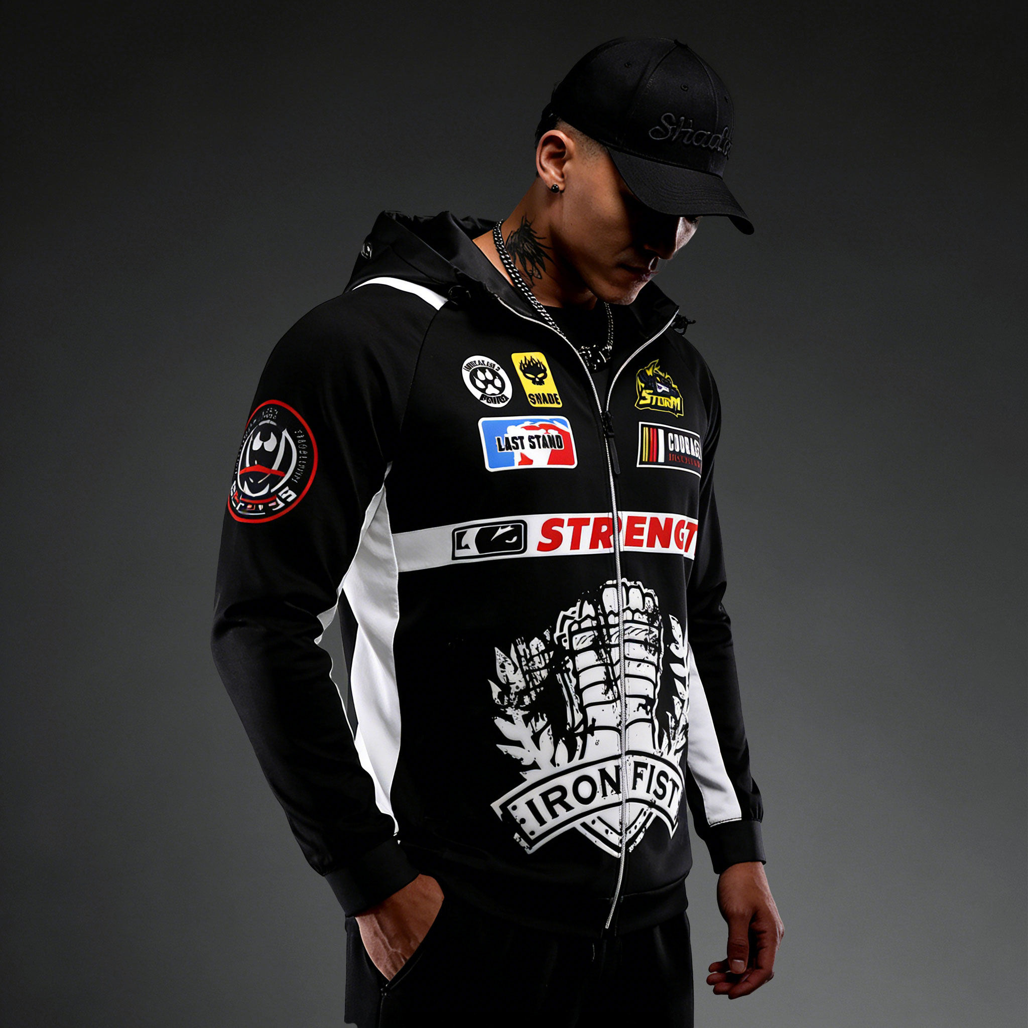 VSZAP美式健身房运动嘻哈风印花连帽卫衣男运动跑步拉链外套黑色