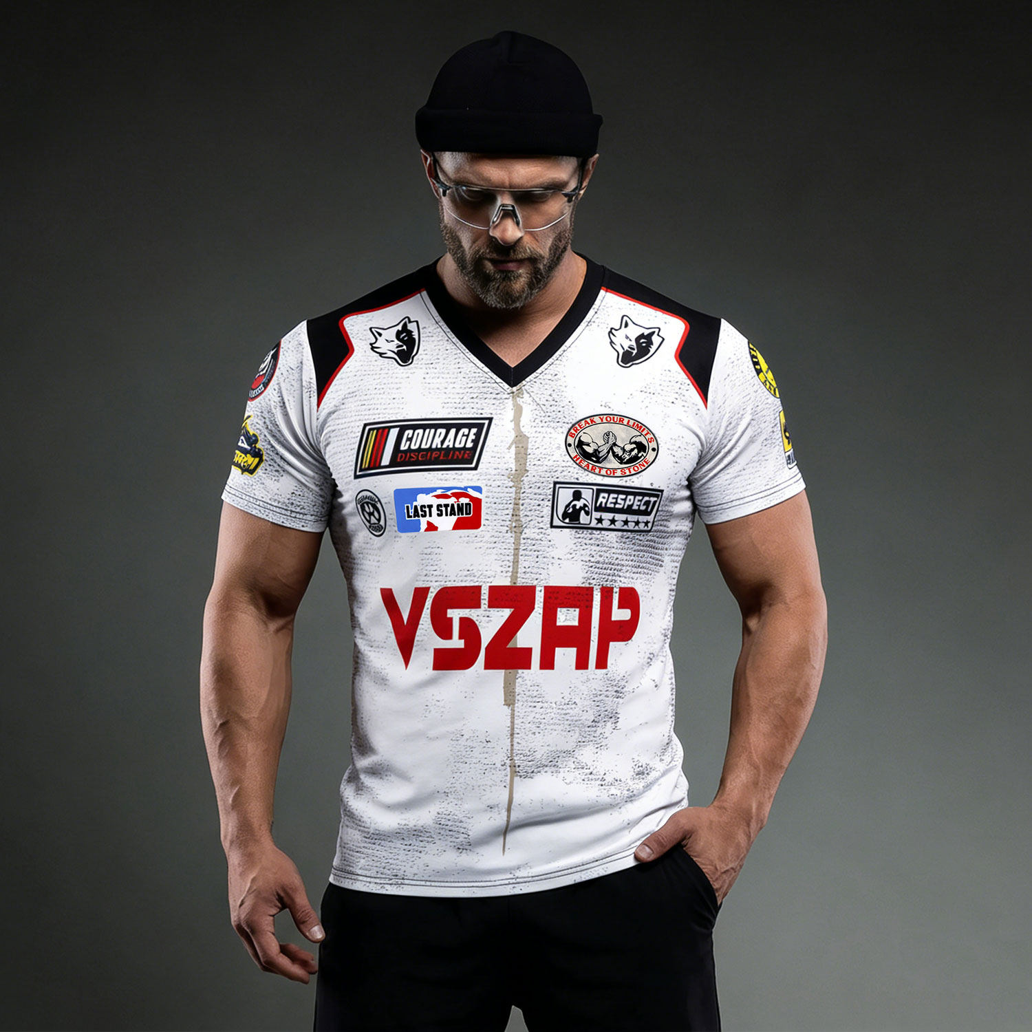 VSZAP运动风短袖T恤男白色机车印花修身拼接撞色健身训练服速干