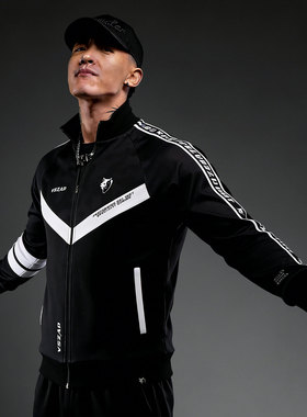 VSZAP春秋运动风立领拉链夹克男黑白色拼色条纹潮流男士健身外套