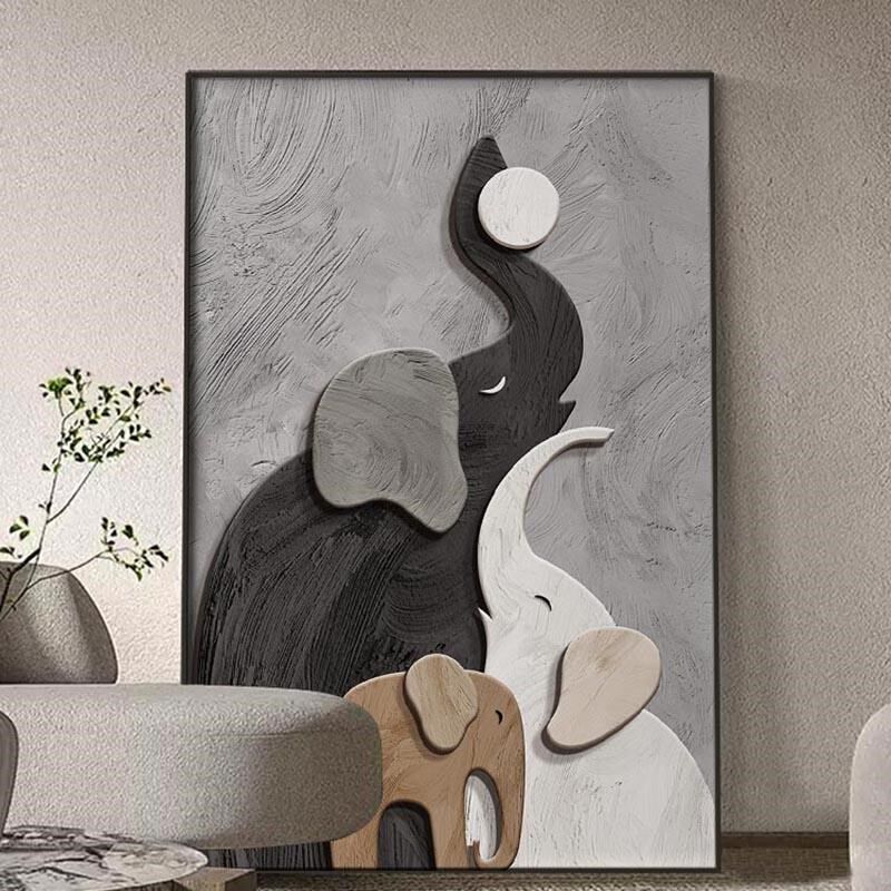 大象装饰画沙发背景墙挂画客厅轻奢D玄关高级感壁画黑白灰风格落