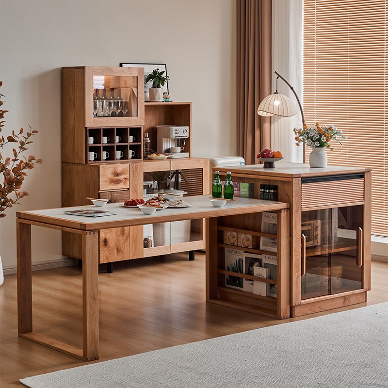 九亿家居岛台餐桌抽拉伸缩实木洞岩板樱桃木中岛台餐边柜餐桌一体