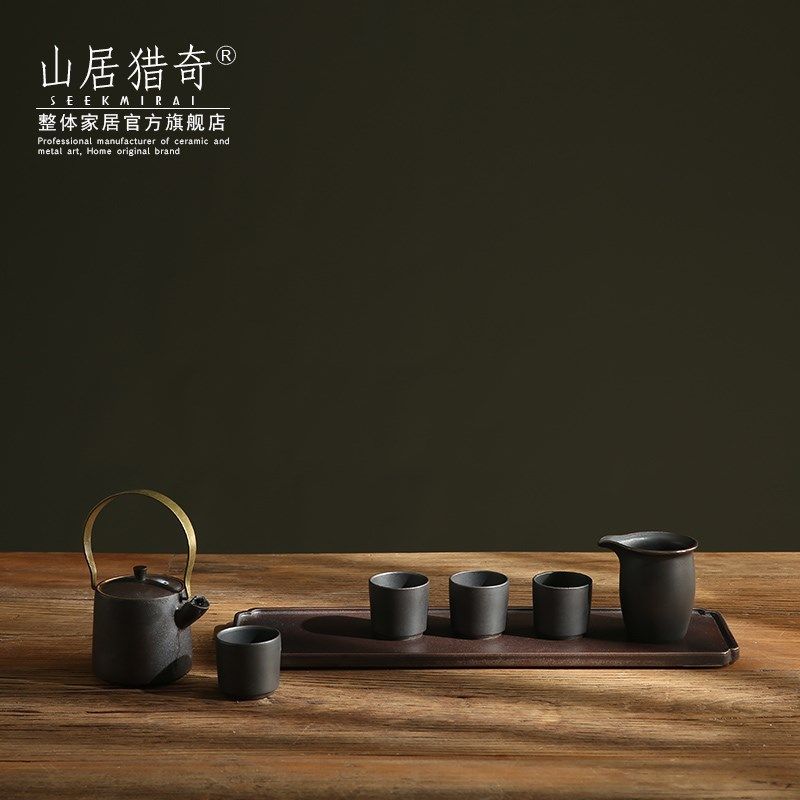 中式复古简约黑色陶瓷茶壶茶杯茶具样板房家居客厅茶几装饰工艺品