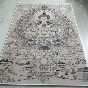 佛画菩萨人物四臂观音五部文殊唐卡线稿白描高清图微喷临摹素材