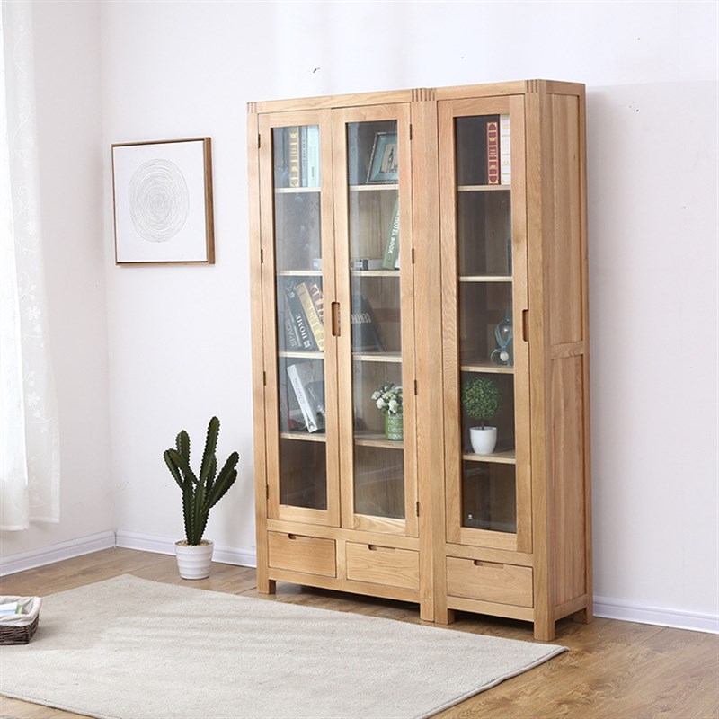 三开门实木书柜带玻璃门书架 简易带抽屉书架全实木组合书房书柜